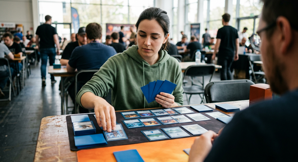 Magic: The Gathering Commander cards and basic lands laid out on a local game store table for a beginner deck build.