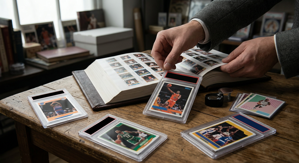 Basketball trading card packs and checklist notes on a collector desk in a United States card shop for the 2025-26 season.