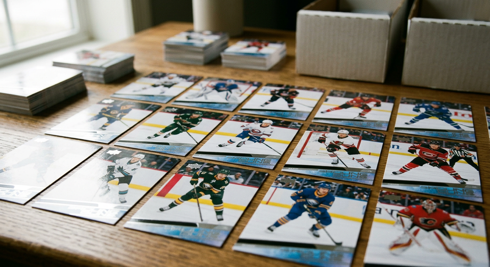Upper Deck CHL Hockey trading card packs and checklist notes on a card shop counter for the 2025-26 release.