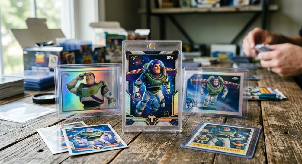 Buzz Lightyear trading cards displayed for collectors, including rare Topps Disney and Disney Lorcana cards.