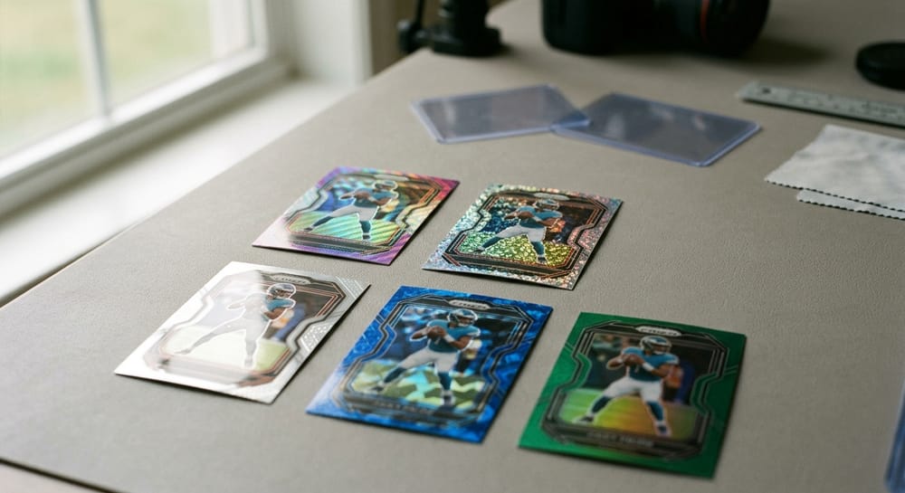 Panini Prizm-style trading cards displayed on a collector table, showing reflective foil card surfaces.