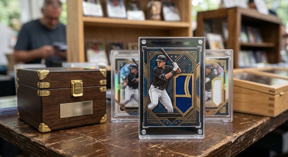 2025 Topps Dynasty Baseball hobby box displayed on a U.S. trading card shop counter.