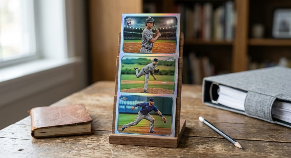 2026 Topps Chrome Baseball product page displayed on a laptop beside baseball trading cards at a card shop counter.
