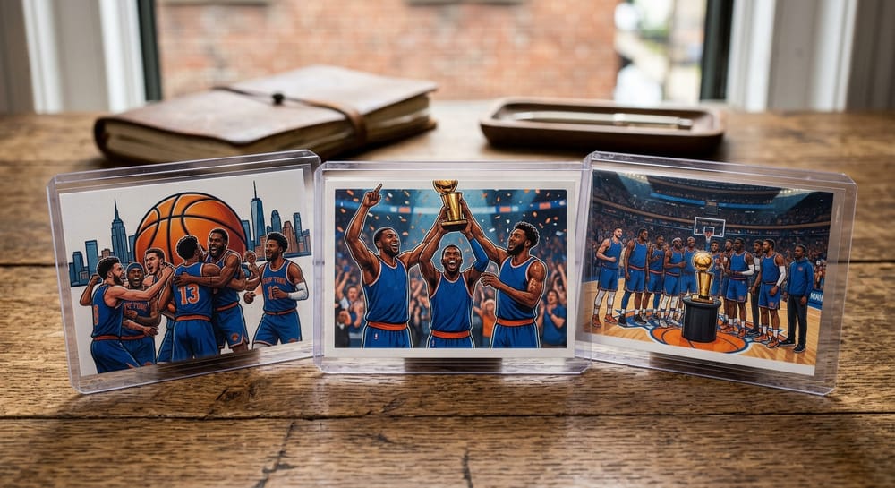 Topps Now New York Knicks 2026 NBA Champions trading cards with Madison Square Garden and New York Knicks branding.