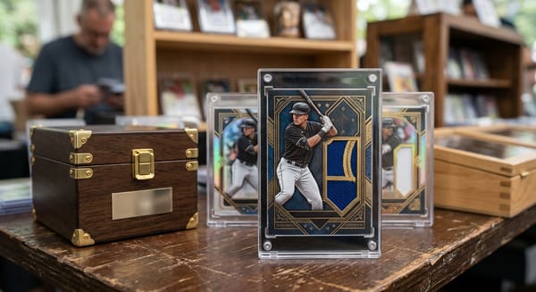 2025 Topps Dynasty Baseball hobby box displayed on a U.S. trading card shop counter.
